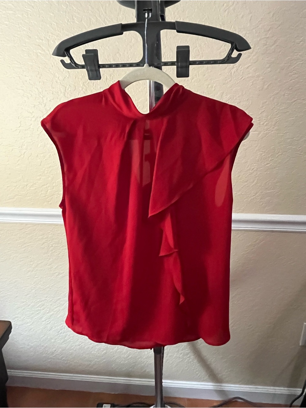 New York & Company Red Ruffle Neck Blouse